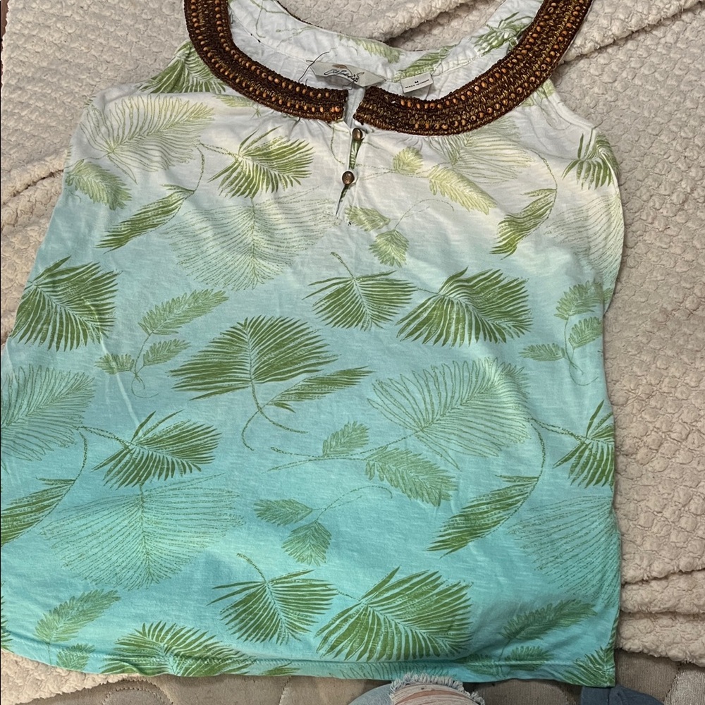 Bob ? brand White and Green Leaf Print Top with Brown Beaded NecklineWomen’s Med